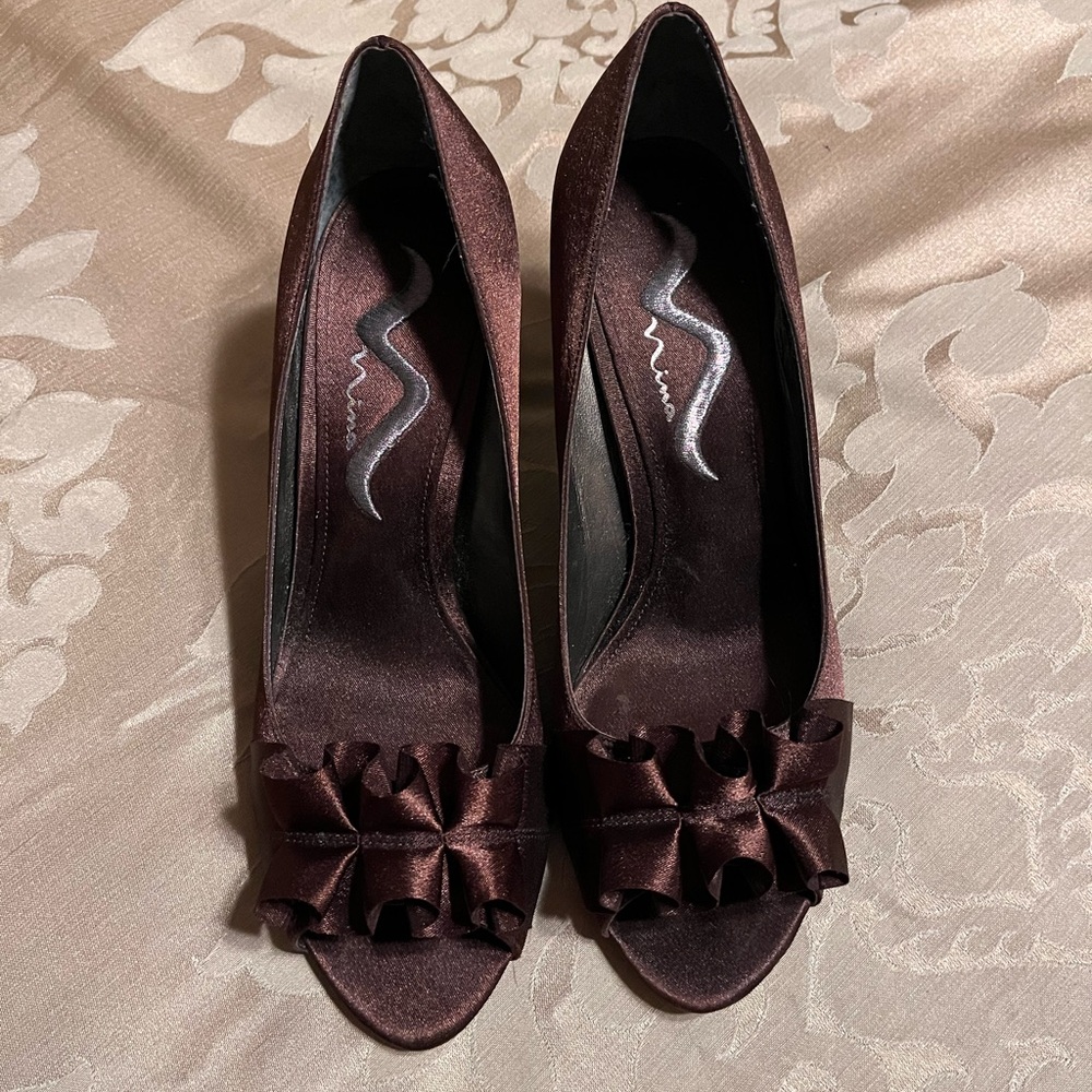 Nina Brown Peep-Toe Heels with Floral Accent